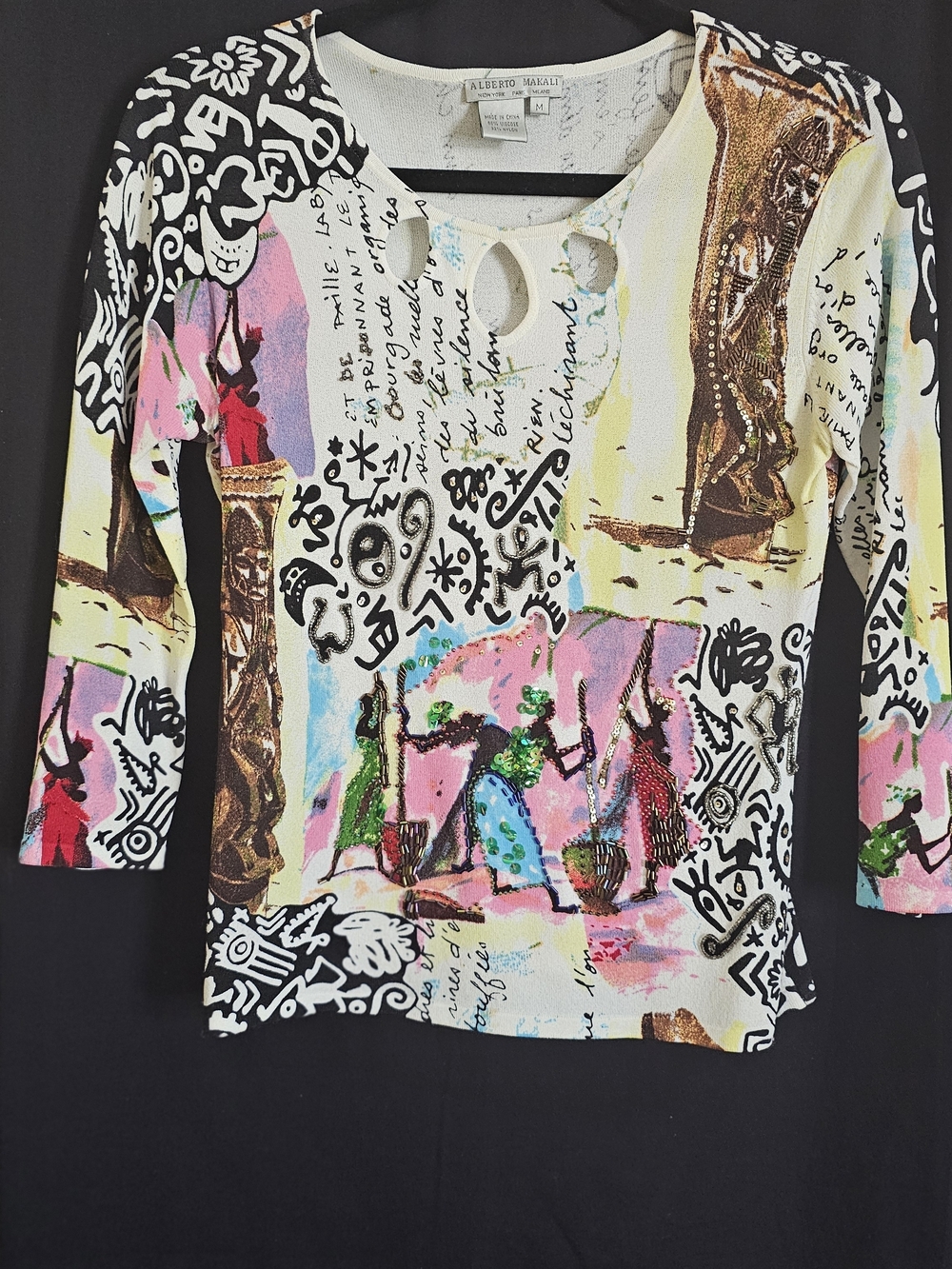 Alberto Makali Artistic Abstract Long Sleeve Top with Cutout Neckline